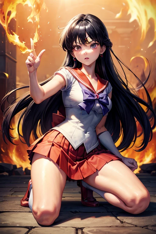 masterpiece, Highest quality, Absurd, Perfect Anatomy, One girl, alone, Mars, Very long hair, Parted bangs, Sailor Warrior Uniforms, Red Sailor Collar, Red Skirt, Elbow hand pockets, Are standing, Cartoon flames in the background, Stylized Background,Dynamic pose,Get down on one knee、The uniform is cut up、Crippling、Both hands tied with rope、I'm injured