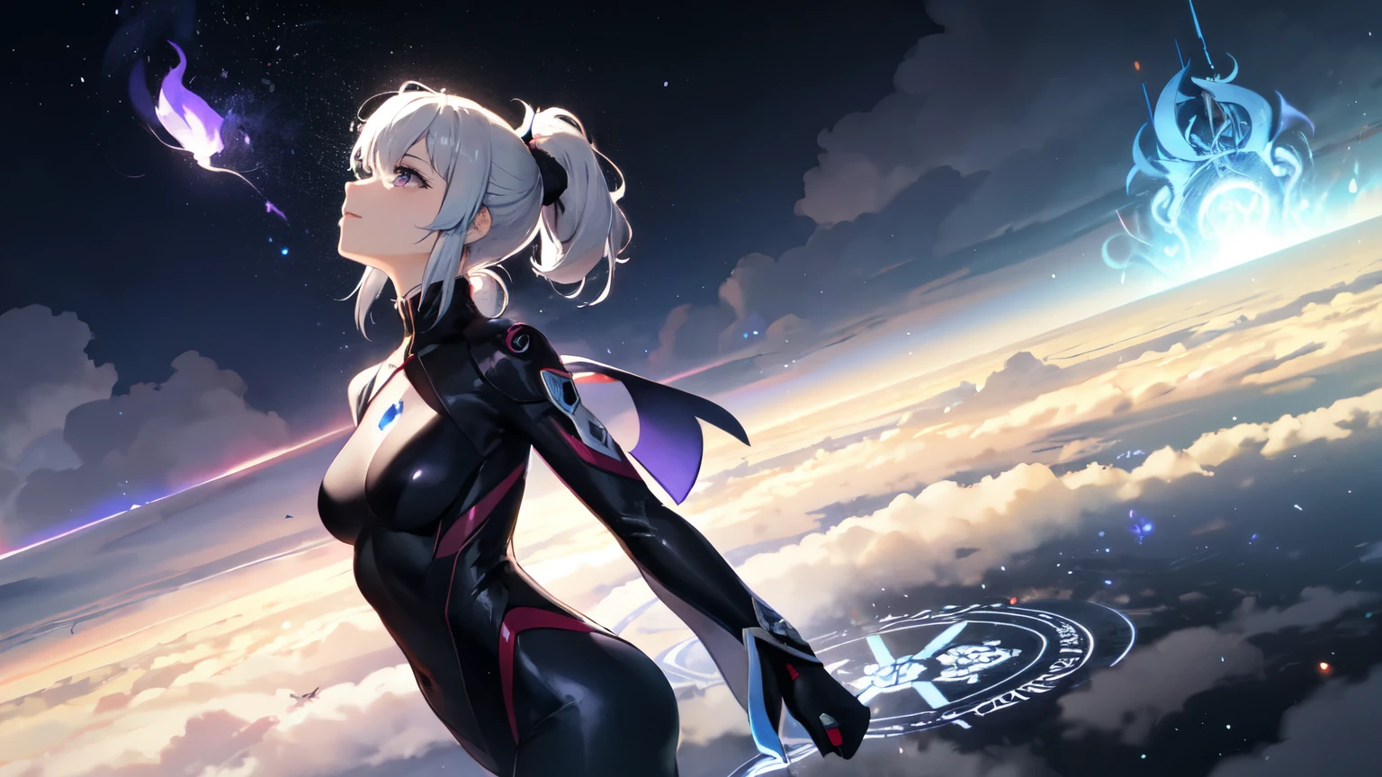 One Girl, ponytail ,Gray Hair, Purple eyes, Blue Fire, Blue Flame, wallpaper, City of Fog ,Written boundary depth, fog night, Particles of light, Side lighting,Black Pants, destiny \(series\), Genshin Impact, cloud,Stretch your arms out towards the sky,Looking up at the sky,Rainbow in the sky,ghost in the Shell,motoko kusanagi,magic circle