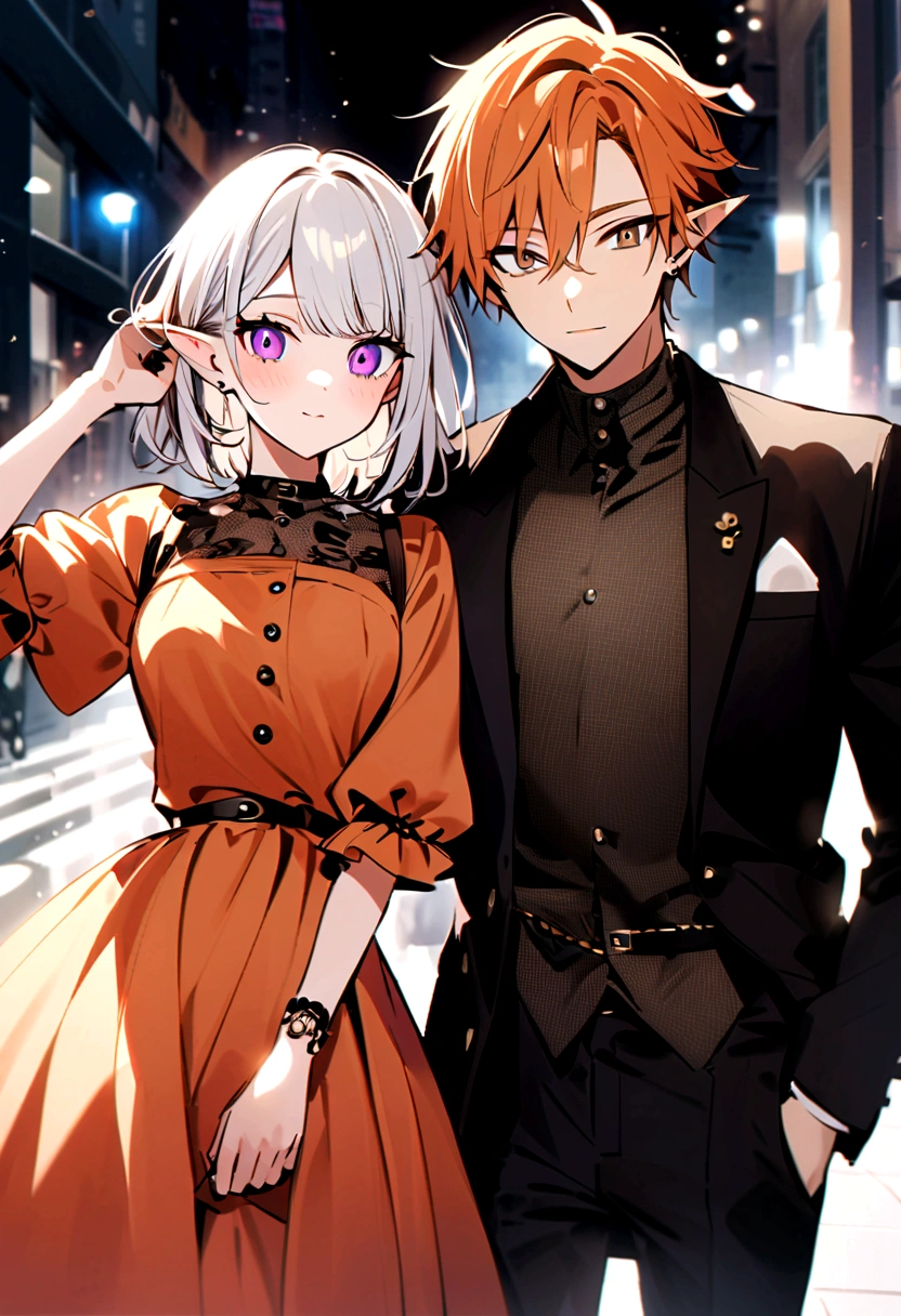 A beautiful girl and a handsome boy(their a couple),the girl has: short white hair,pointy elf ears,and violet eyes,the boy has: messy Orange hair,and ash brown eyes, they're both wearing stylish modern clothes.