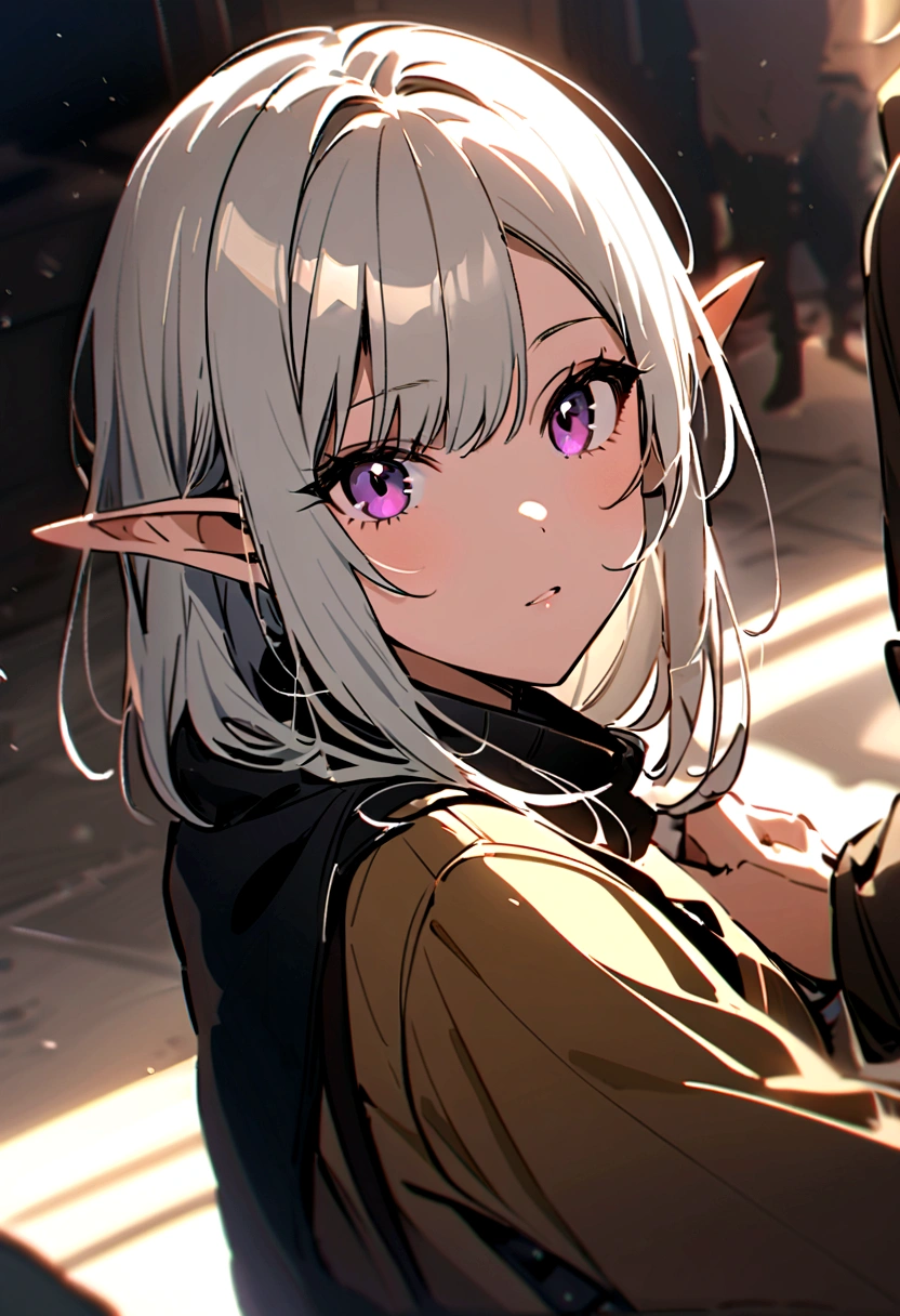 A beautiful girl and a handsome boy(their a couple),the girl has: short white hair,pointy elf ears,and violet eyes,the boy has: messy Orange hair,and ash brown eyes, they're both wearing stylish modern clothes.