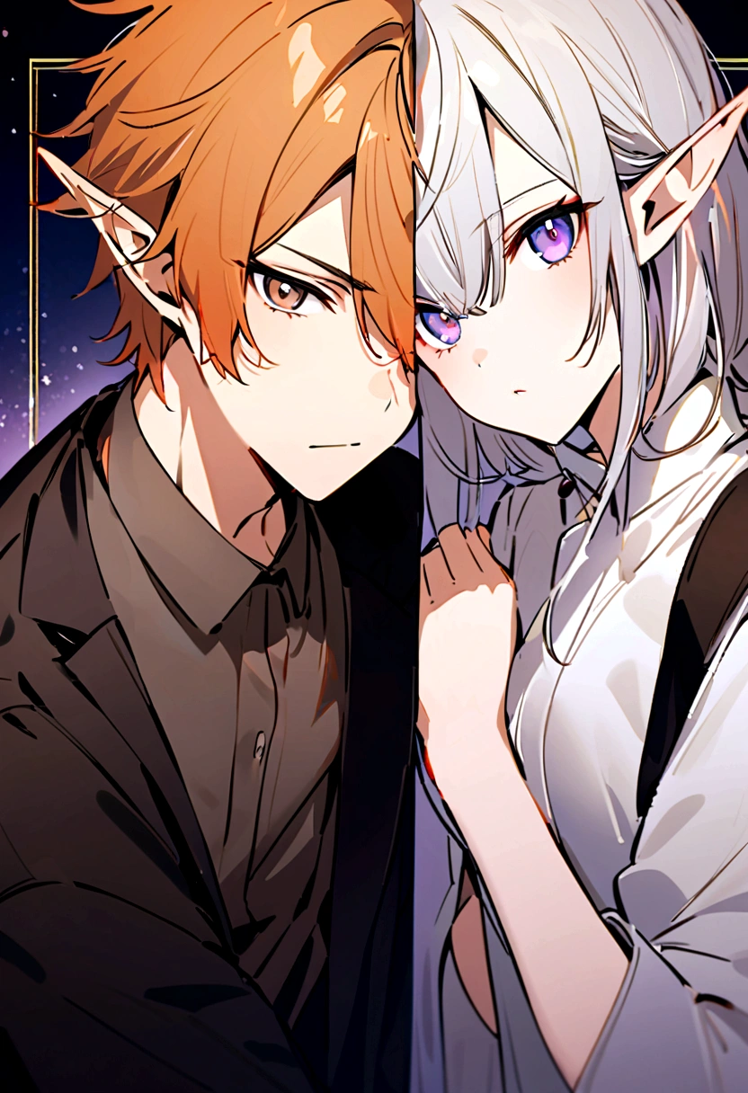 A beautiful girl and a handsome boy(their a couple),the girl has: short white hair,pointy elf ears,and violet eyes,the boy has: messy Orange hair,and ash brown eyes, they're both wearing stylish modern clothes.