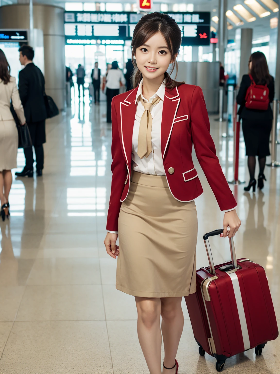 {{Mature Solo Woman, White people}}, View your viewers, Hazel Eyes, Very detailed, Medium chest, Brown Hair, airport, flight attendant, uniform, A nice red blazer, Red nice tie, Beige Skirt, Midi Skirt, Pencil Skirt, Red nice high heels, Happy, 最high quality, high quality, Very detailed anime screencap, {{{{Crowded, One girl, Matching outfits, Hairstyles up}}}}, whole body