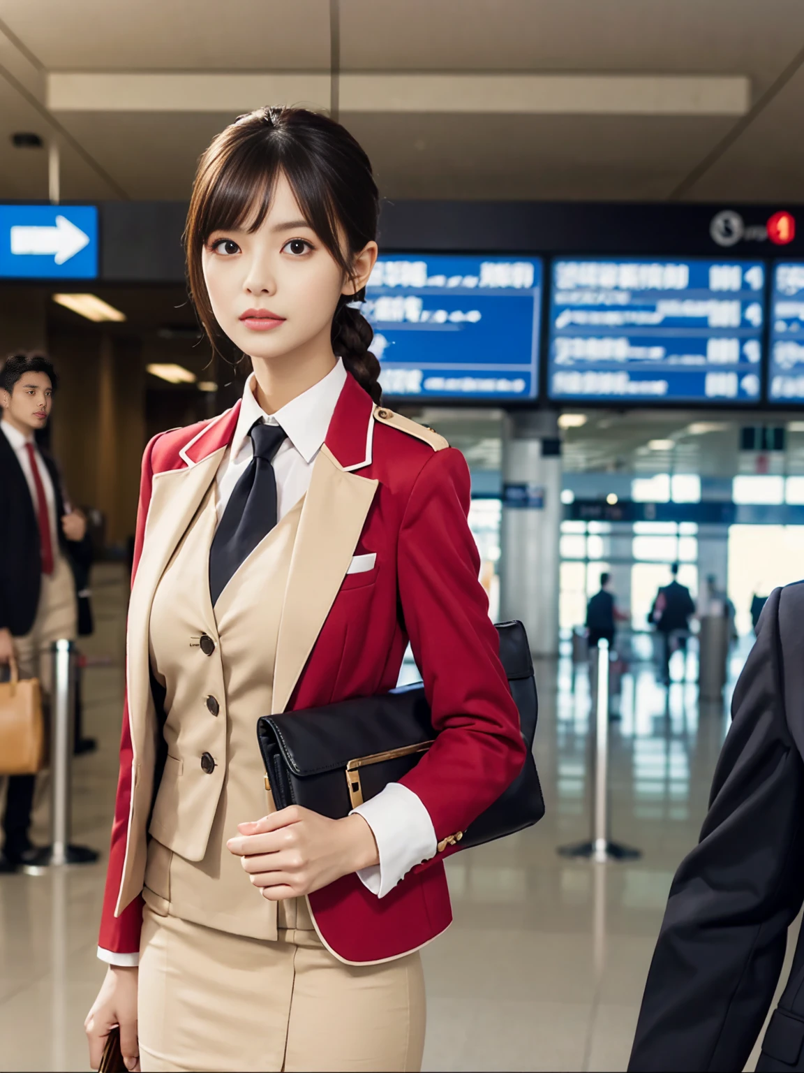{{Mature Solo Woman, White people}}, View your viewers, Hazel Eyes, Very detailed, Medium chest, Brown Hair, airport, flight attendant, uniform, A nice red blazer, Red nice tie, Beige Skirt, Midi Skirt, Pencil Skirt, Red nice high heels, Happy, 最high quality, high quality, Very detailed anime screencap, {{{{Crowded, One girl, Matching outfits, Hairstyles up}}}}, whole body