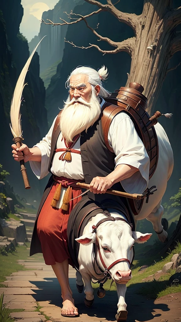 Ancient Chinese thinker, an old man with a long white beard, traveling on a thin cow, carrying a thin cane in his hand, Ghibli anime style