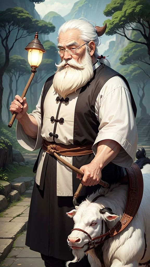 Ancient Chinese thinker, an old man with a long white beard, traveling on a thin cow, carrying a thin cane in his hand, Ghibli anime style