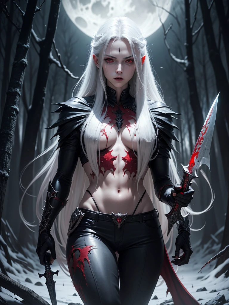Full art design, masterpiece, ultra detailed 4k high resolution HD, fan art, A pale man, white darkness man vampire, vampire tooth visible, all this body straight, long hair, red eyes, with a vampire pant, in the forest on the moonlight, dark horror, dark fantasy, blood everywhere, lugubrious, disaster recovery heal. Look like the one, the only last vampire, very strong, weapon from future, long knife like sword, mysterious, strange, mystical, powerful and amazing. Very dark picture. Darkness, horror, vampire realistic 