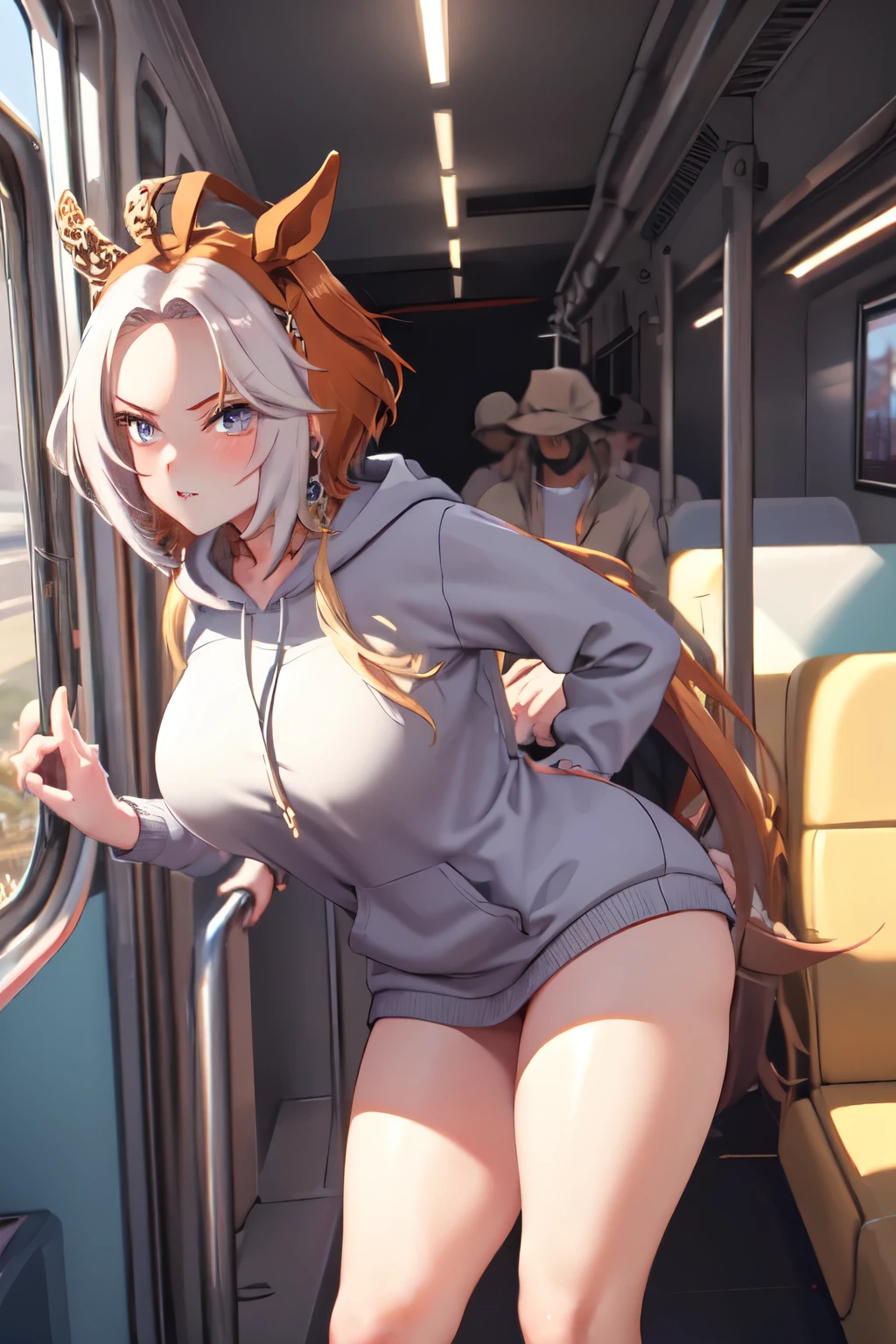masterpiece, Highest quality, 1 person,( Are standing, View your viewers),Detailed Background、A person who writes in detail、Accurate human body、Knowledgeable person、The answer is 5. Women,Thick thighs,Curvy body,alone, orfevre\(umamusume\),Oversized hoodie,TranT, (train interior), netorare, chikan, grabbing, hetero, pussy juices, molestation, public indecency, public use,faceless male fingering, 2boys, faceless male, assisted exposure,)