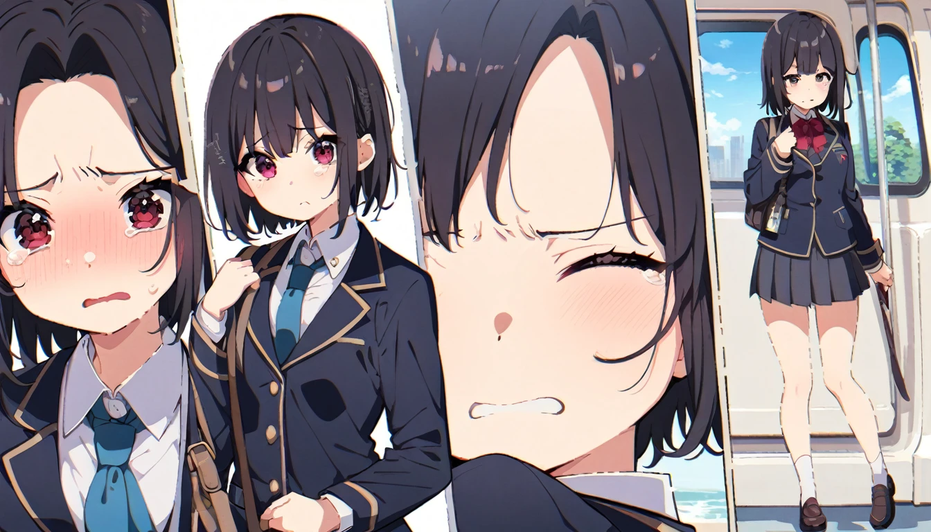 A girl with short black hair and small  in a blazer uniform is crying in disgust after being touched by a molester on the train、Full body images