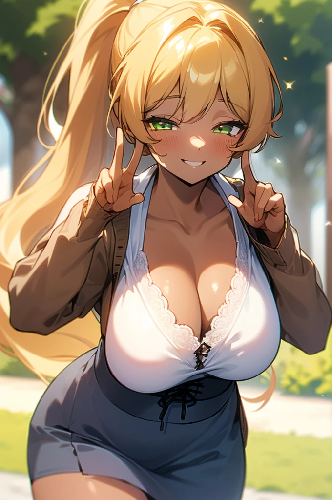 {masterpiece, distinct_image, extremely detailed CG, beautiful eyes and detailed face,realistic, photo realistic, 4k, 8k, high_resolution,perfect_finger, (beautiful_detailed_eyes:1.3), glitter, white_light, (glow_white_face:1.3), summer_light{1girl, face_focus,cowboy_shot, looking for_in_viewer, standing, (V-sign pose:1.5) },{adult, curvy, (huge_breasts, wide_hip:1.3), navel, skinny_stomach,tight_gap, groin (white_Y-shirt, sky_blue_short_skirt, cleavage,fantasy academy, brown_colored_cardigan, tanning_skin, brown_skin, white corset:1.5), (yellow_hair, green_eyes, long_hair, ponytail:1.3), hime_cut, (half closed eyes, smiling face:1.3), sweat, Japanese_Anime_blue_sky_background, under green tree background }