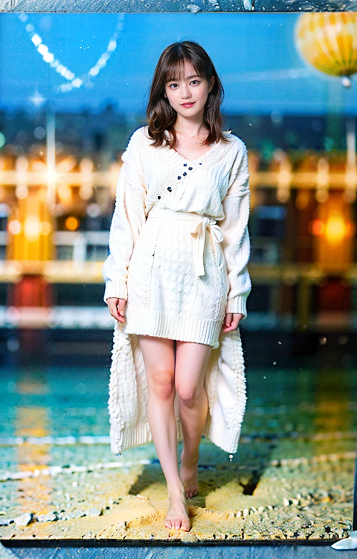 (8K、RAW Photos、Highest quality、masterpiece:1.2)、(Realistic、Realistic)、1 Girl、((Beach、smile、White knit、Big Breasts、View from the front、stand with feet apart、))、Lots of eyelashes、Add shine to your eyelids、skeletally correct、smile、