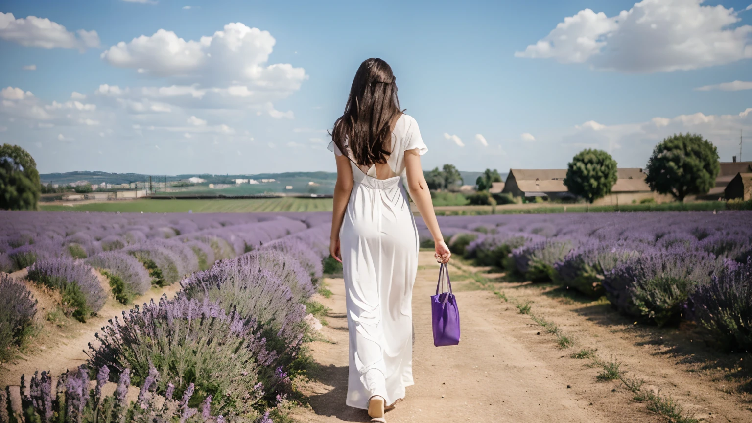 lavender field, walking brunette woman seen from behind, white longdress to ground, 