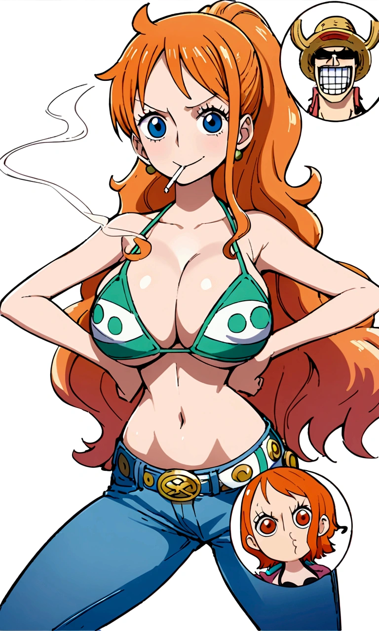 a cartoon picture of a woman in a bikini top and jeans, nami one piece, nami from one piece, nami, beautiful portrait of nami, from one piece, oppai, blue eyes, smoking, ponytail