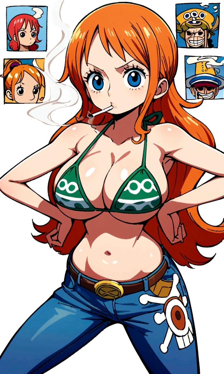 a cartoon picture of a woman in a bikini top and jeans, nami one piece, nami from one piece, nami, beautiful portrait of nami, from one piece, oppai, blue eyes, smoking, ponytail