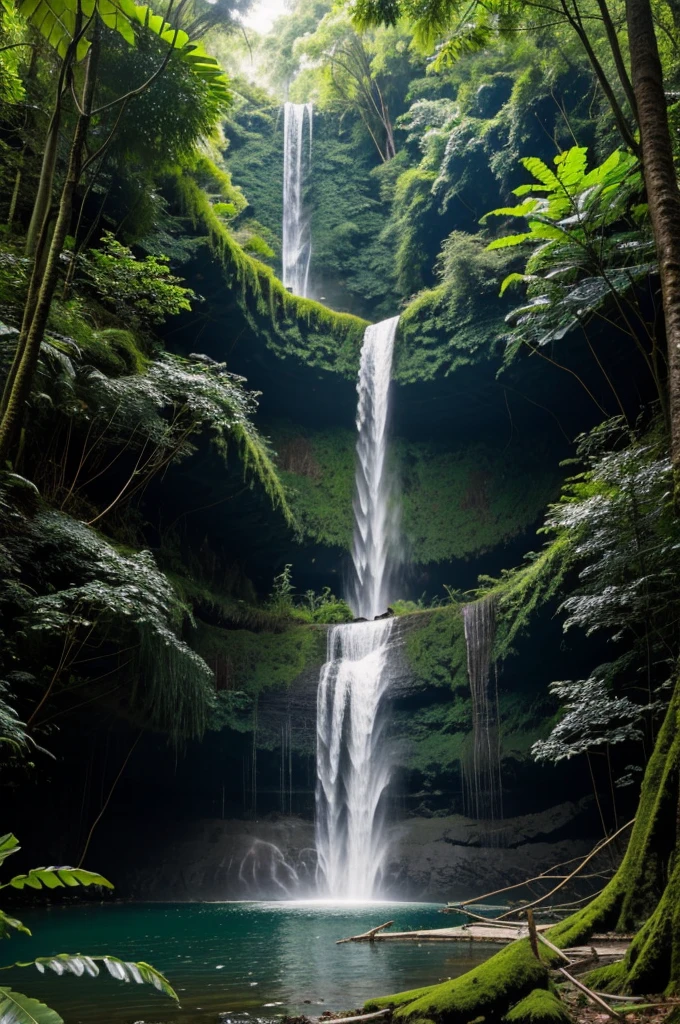 A waterfall in the middle of a forest with a toucan 
