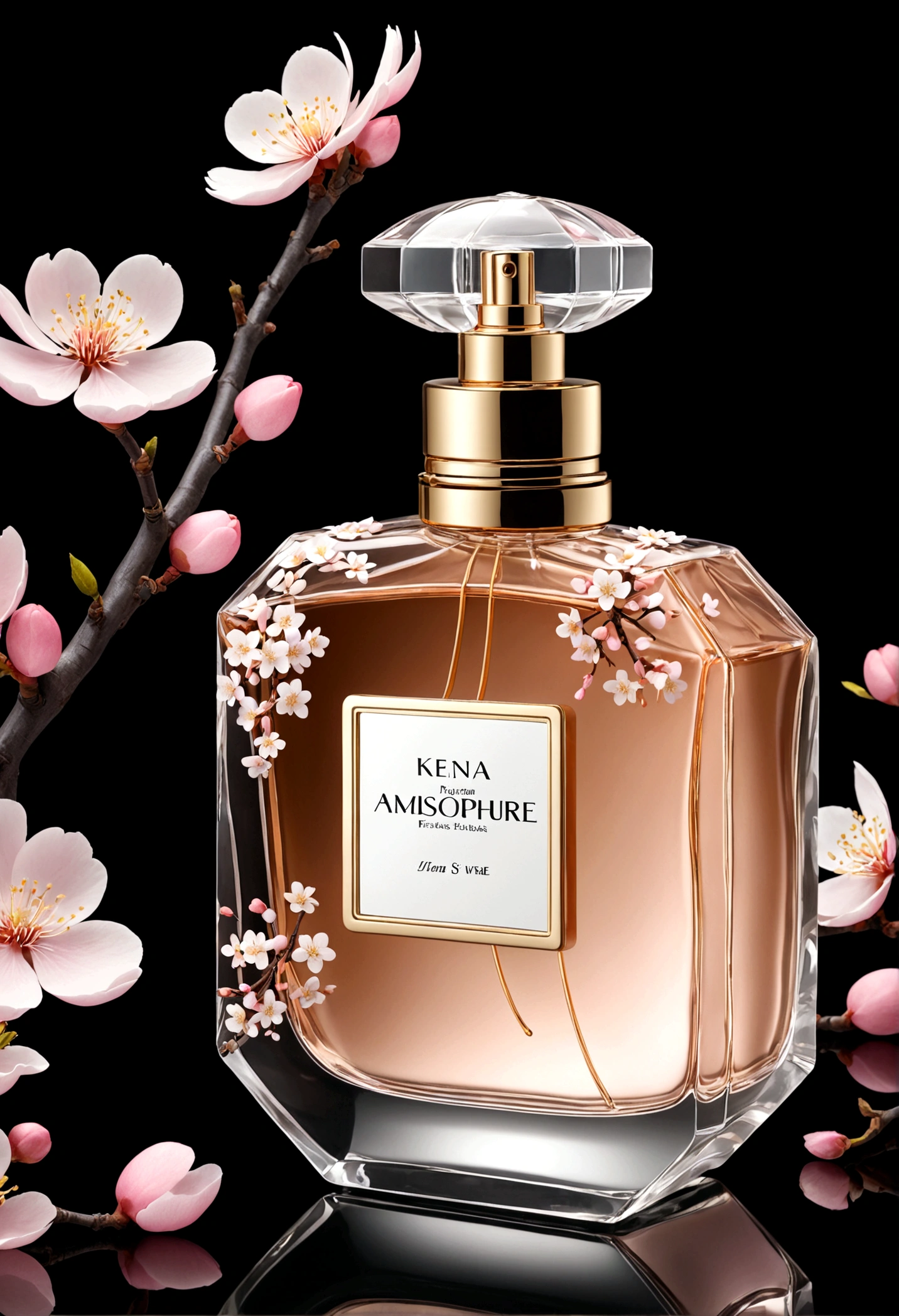китайские perfume, atmosphere. perfume, perfume bottle, perfume, китайская atmosphere, design, atmosphere, sakura, sakura flowers flying, Without background, Black background, не большой perfume bottle на камне