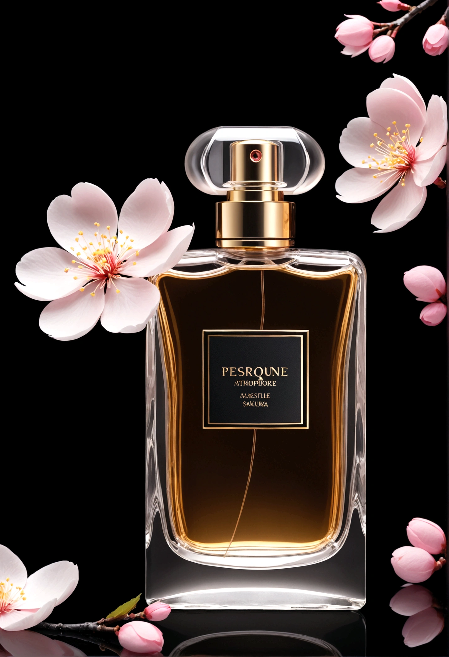 китайские perfume, atmosphere. perfume, perfume bottle, perfume, китайская atmosphere, design, atmosphere, sakura, sakura flowers flying, Without background, Black background, не большой perfume bottle на камне