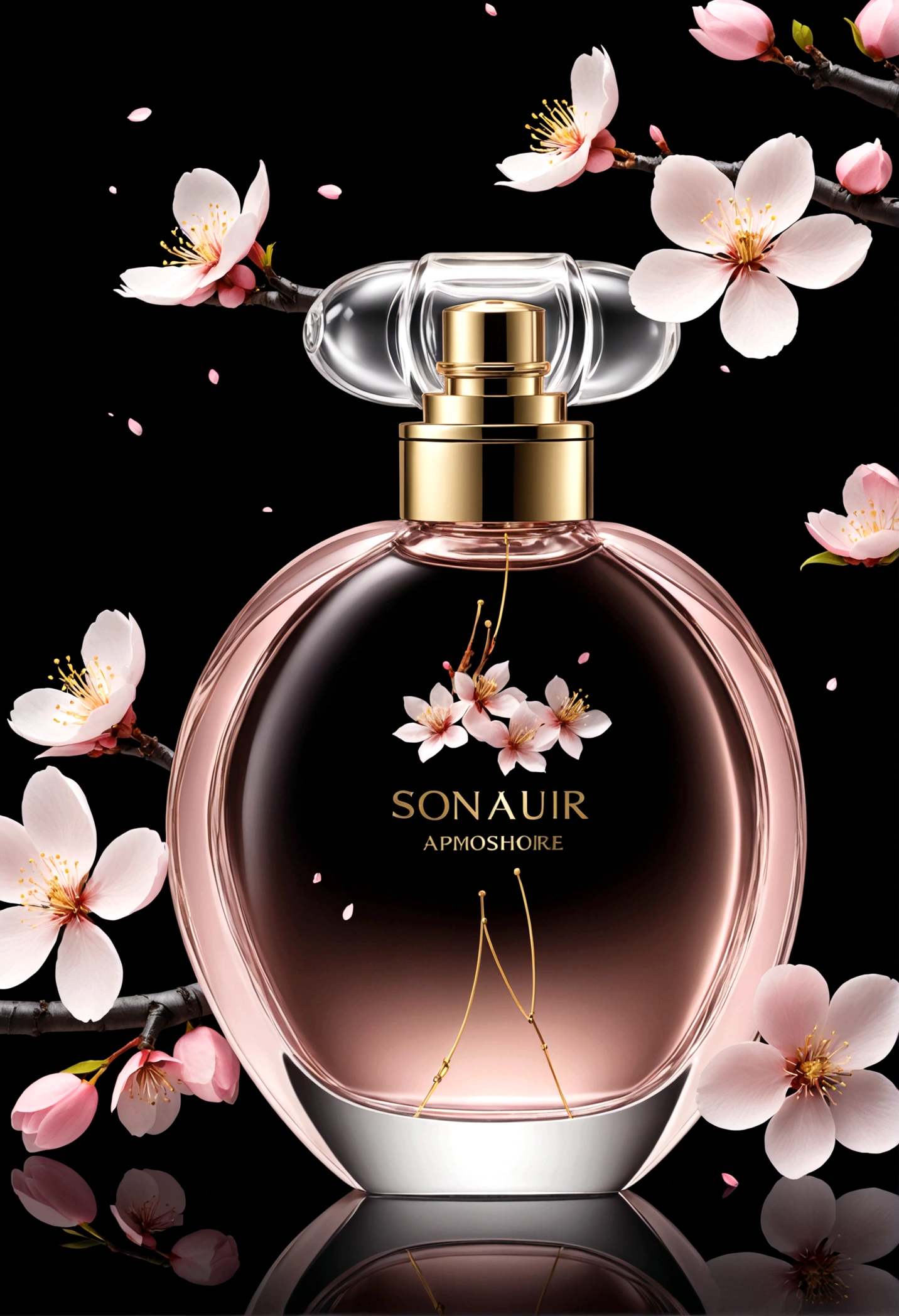 китайские perfume, atmosphere. perfume, perfume bottle, perfume, китайская atmosphere, design, atmosphere, sakura, sakura flowers flying, Without background, Black background, не большой perfume bottle на камне