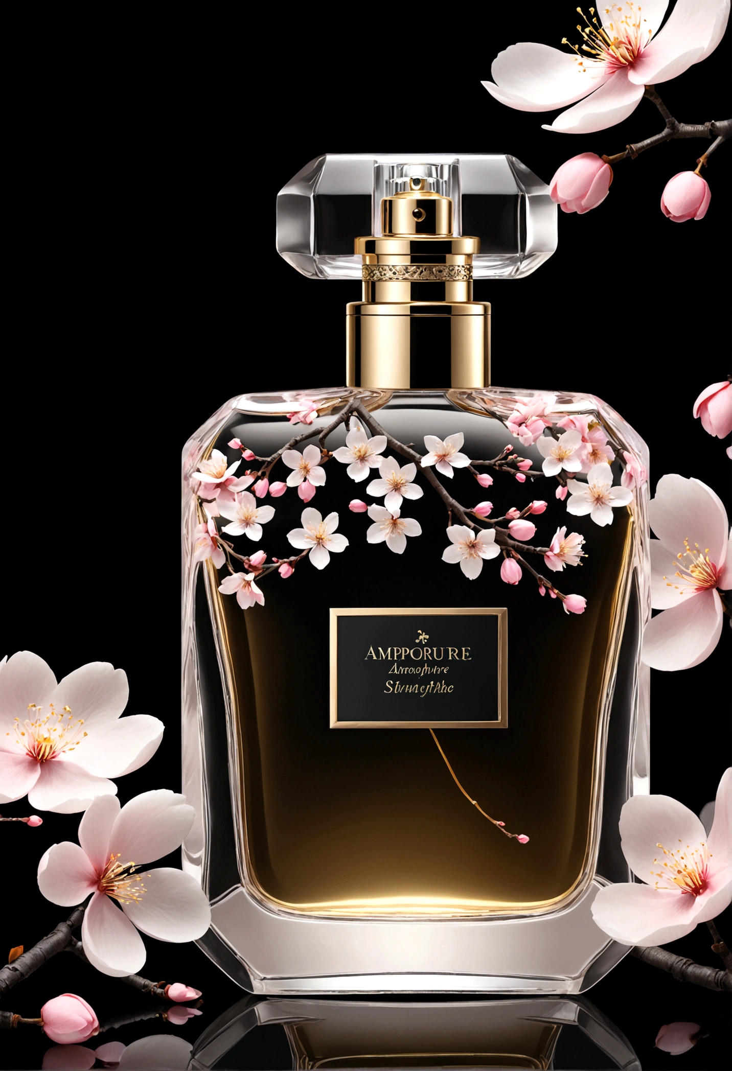 китайские perfume, atmosphere. perfume, perfume bottle, perfume, китайская atmosphere, design, atmosphere, sakura, sakura flowers flying, Without background, Black background, не большой perfume bottle на камне
