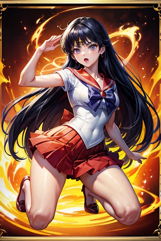 masterpiece, Highest quality, Absurd, Perfect Anatomy, One girl, alone, SM Mars, Very long hair, Parted bangs, Sailor Warrior Uniforms, Red Sailor Collar, Red Skirt, Elbow hand pockets, Cartoon flames in the background, Stylized Background,Dynamic pose,Get down on one knee、The uniform is cut up、Crippling、Both hands tied with rope、I have a lot of injuries