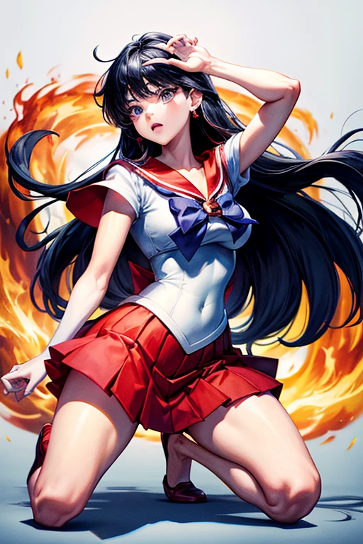 masterpiece, Highest quality, Absurd, Perfect Anatomy, One girl, alone, SM Mars, Very long hair, Parted bangs, Sailor Warrior Uniforms, Red Sailor Collar, Red Skirt, Elbow hand pockets, Cartoon flames in the background, Stylized Background,Dynamic pose,Get down on one knee、The uniform is cut up、Crippling、Both hands tied with rope、I have a lot of injuries