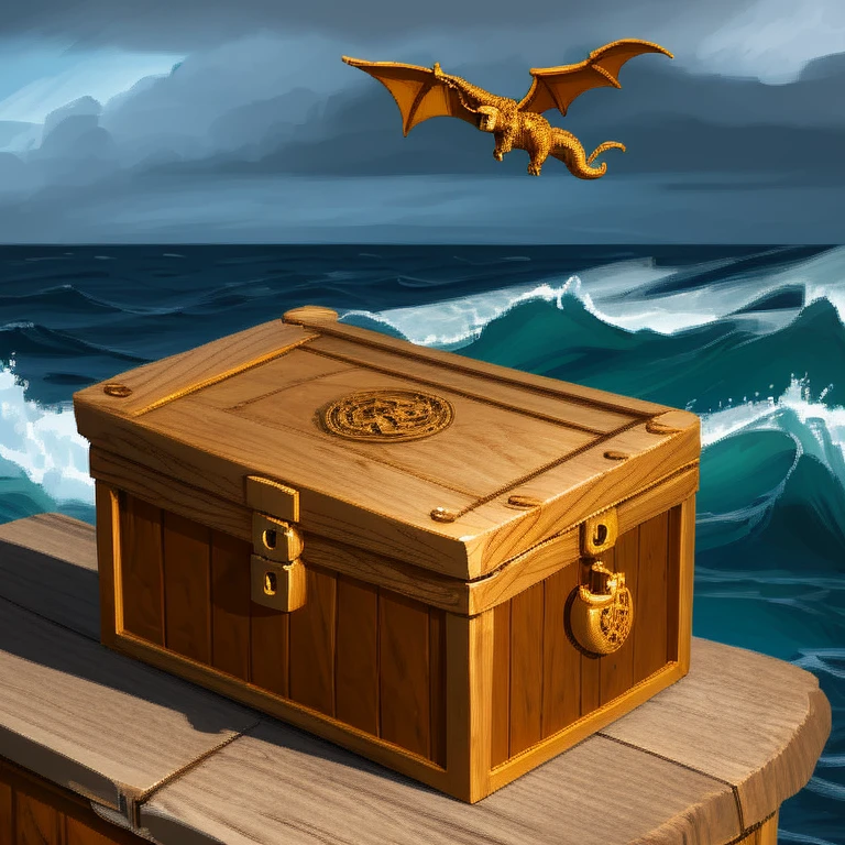 a venerable and ornate box, crafted from ancient oak wood and adorned with intricate carvings depicting dragons in various forms—soaring through stormy skies, coiled around ancient ruins, and breathing fire amidst turbulent sea