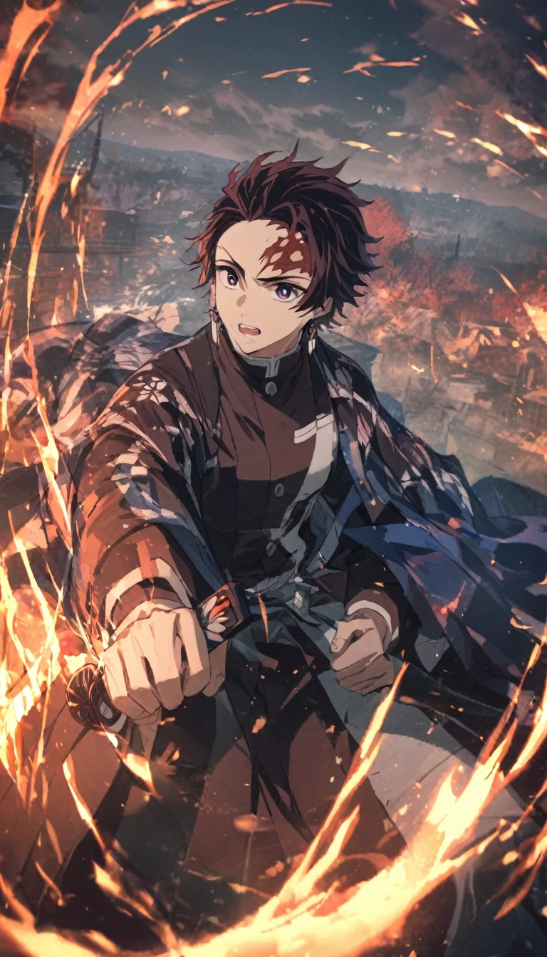 Symetrical,absurdres, highres, ultra detailed, HDR, masterpiece, extremely detailed face and eyestan, tanjiro,in original outfit, holding a fire katana, in attack mode ,,, , solo, man, handsome, ,, , Epic fight scene, flaming water effect,glowing glitters