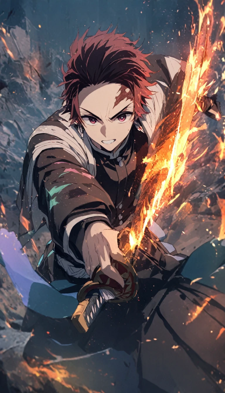 Symetrical,absurdres, highres, ultra detailed, HDR, masterpiece, extremely detailed face and eyestan, tanjiro,in original outfit, holding a fire katana, in attack mode ,,, , solo, man, handsome, ,, , Epic fight scene, flaming water effect,glowing glitters