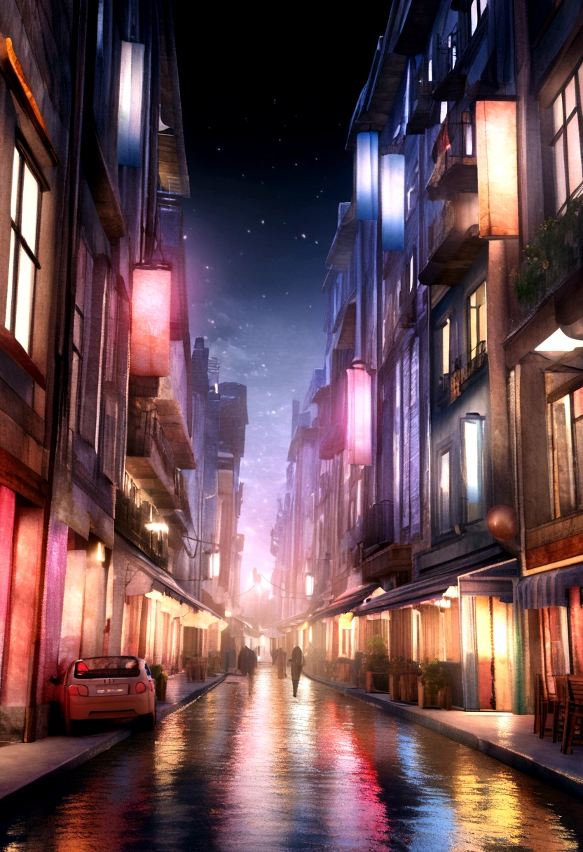 3D watercolor abstract,dark background, saxophone on the street of a deserted city illuminated at night