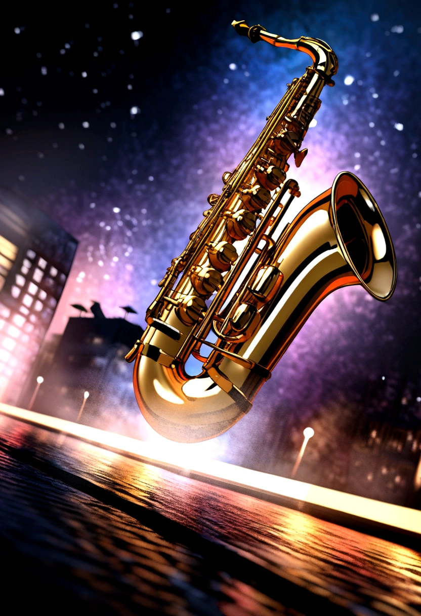 3D watercolor abstract,dark background, saxophone on the street of a deserted city illuminated at night