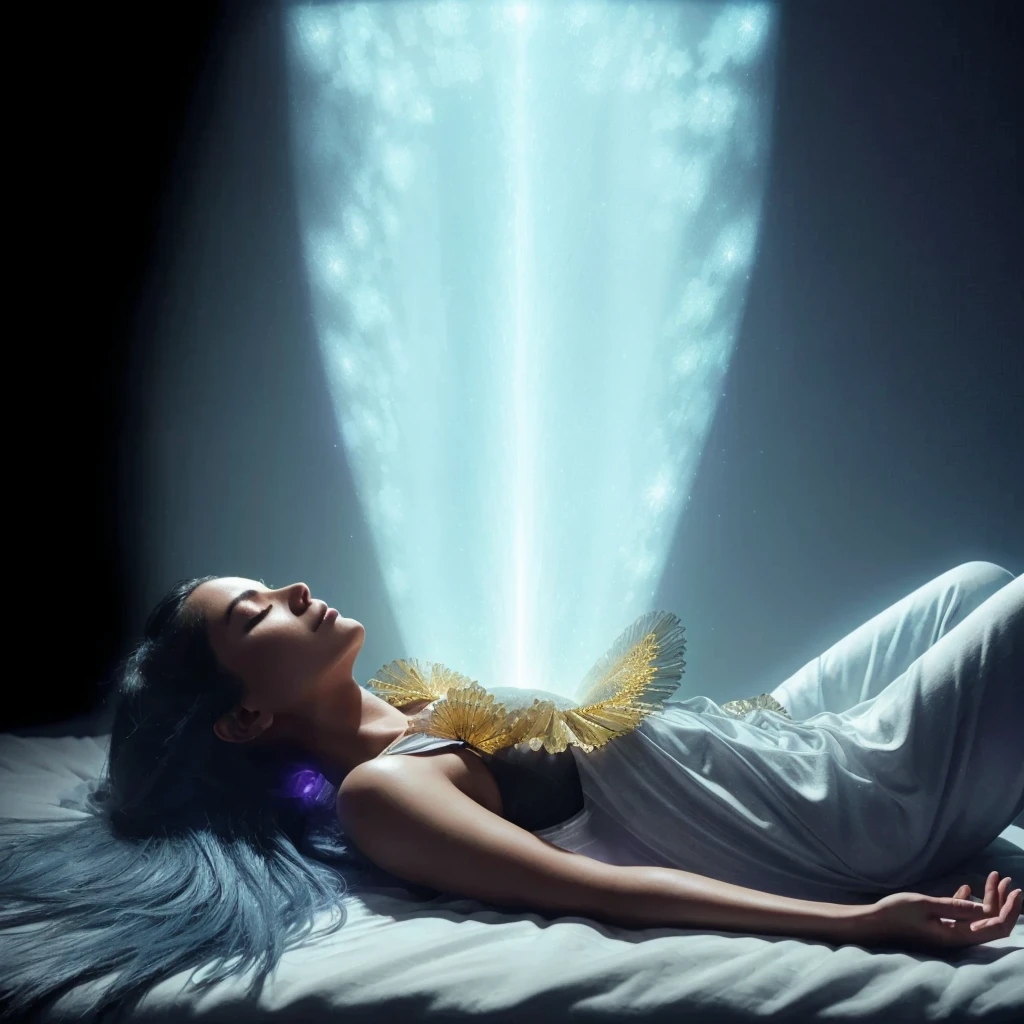 Very real image. A woman with black hair is lying down meditating, she is wearing a t-shirt and shorts, a powerful light blue light comes from her chest, at the edge of the opening there are beige crystals that rise around the opening. Photorealism, full view, highly detailed image, very realistic, hyperrealism, Ultra HD, 8k, 5, sharp focus, intricate and mysterious masterpiece. (Long exposure photography Very detailed close-up portrait artistic illustration: final quality, medium shot, backlight, Rich and striking. Enigmatic and mysterious manipulations (composition of the rule of thirds), ((detailed environment with strong lines) The best quality, in camera, white light, warm and clean aesthetics, dazzling screen composed of millions of brilliant ultraviolet rays, HDR.