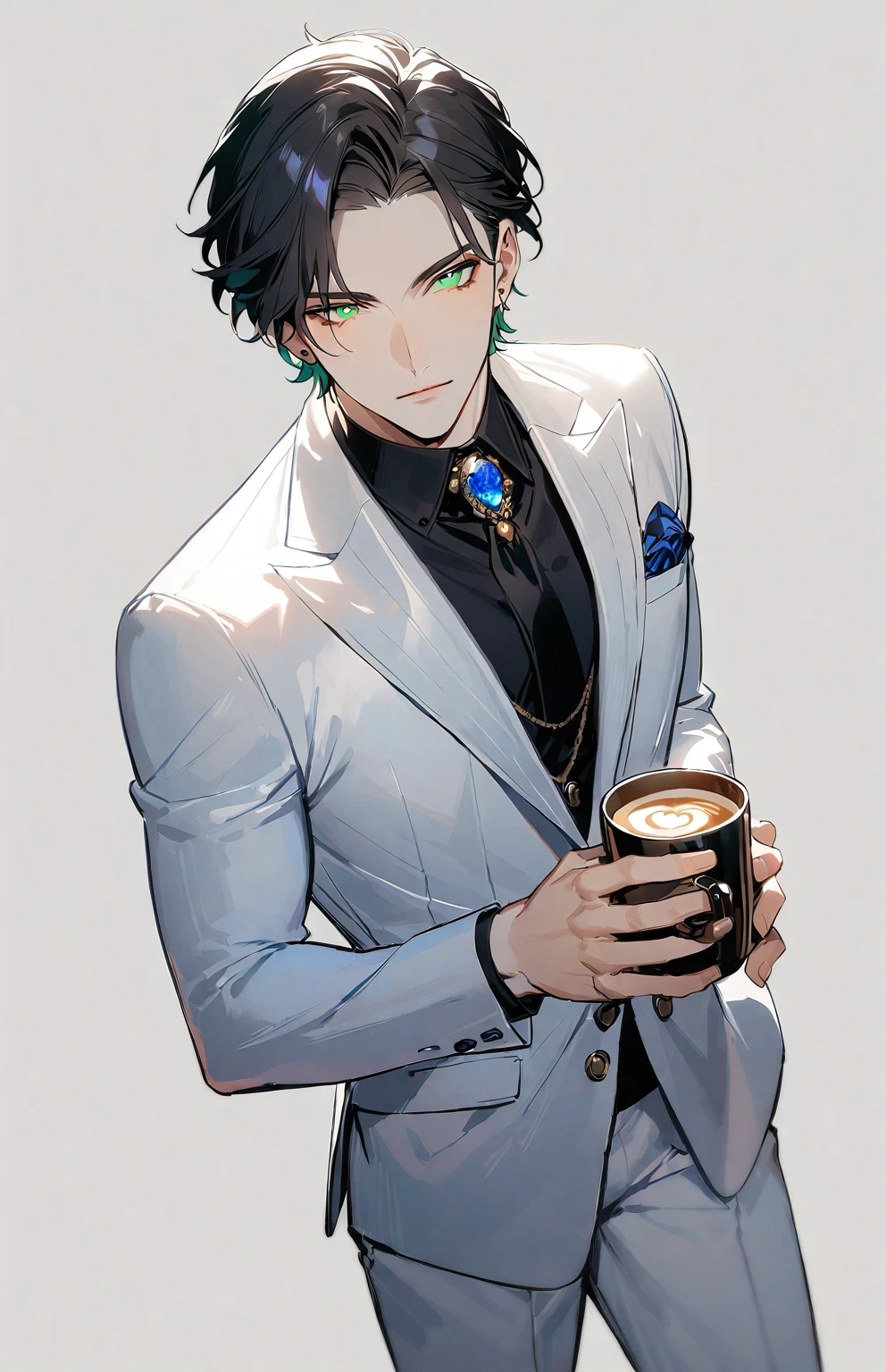 1 male, 25-year-old British male, decisive, beautiful, Tattoo, Emerald eyes, Black Hair, White suit, Black shirt, tie, English gentleman, White pants, Office President,
permanent, Holding a cup of coffee,Office President,一个现代Handsome哥,25-year-old male,Black Hair,Green Eyes,short hair,No bangs,Show forehead,Middle parted hair,young people,Dynamic Hair,Delicate face,Bright Eyes,Gem Eyes, Extremely detailed eyes, Handsome,Handsome,White skin,Single photo,Upper body photo from thigh up,Handsome哥,a beautiful man,Exquisite eyes,Carefully sculpted hair,Rich in details,permanent in front of a white background,Handsome哥,juvenile,blond,short hair,Handsome face,Handsome,Handsome,超级Handsome哥,White skin,White skin,