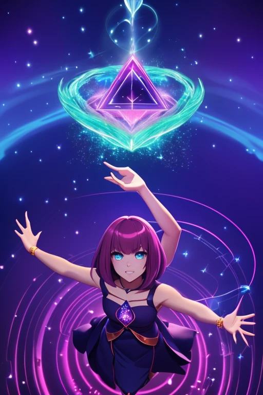 (Masterpiece:1.2), (The best quality:1.2), Perfect lighting, dark magician girl (casting a spell: 1.3), In his twenties, (floating in the air: 1.3), visible medium tits, transparent neckline,  From above, sparkles, (hands with magic effects: 1.4 )Magic in your hands, Apocalypse background