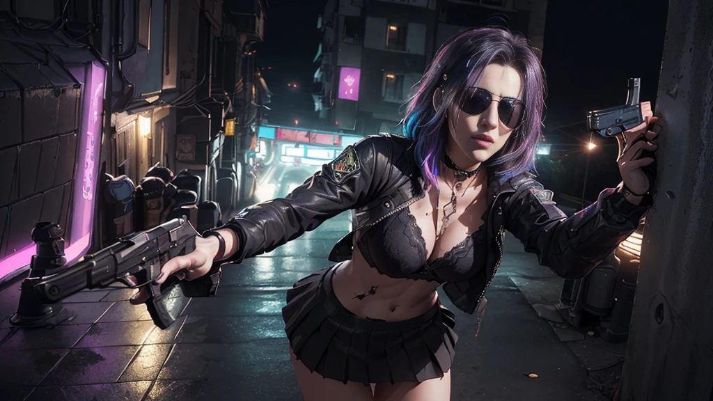 (Realistic:1.4) cyberpunk girl images, (highest quality, 8k, 32k, masterpiece) , (Dynamic pose), ((Front camera)), Cowboy Shot, Shapeless hair, Multicolored Hair, Colorful cyberpunk combat armor, Depth of written interface f/1.8, high angle view of Cyberpunk city (((((at night))))) as background. (((1girl, solo))), photo realistic, (medium-breast slim body, cleavage), (((full bra top, extreamly short pleated (((miniskirt))) exposing panty))), (((((matrix style black sunglasses))))), (((((((aiming at viewer with a (pistol), (looking at camera)))))))), (((((half-body (thigh level) medium shot))))), (cinematic lighting).
