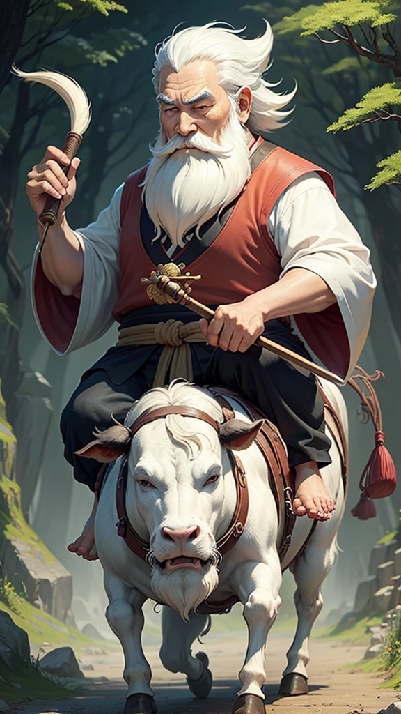 Ancient Chinese thinker, a thin old man with a long white beard, traveling on a thin cow, carrying a thin cane in his hand, Ghibli anime style