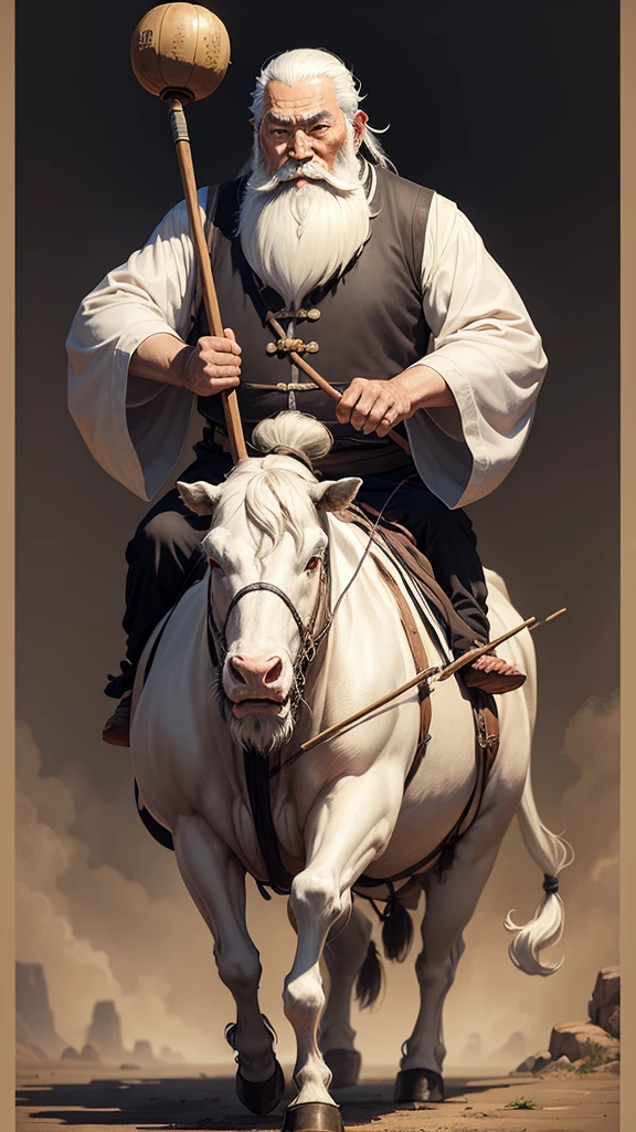 Ancient Chinese thinker, a thin old man with a long white beard, traveling on a thin cow, carrying a thin cane in his hand, Ghibli anime style