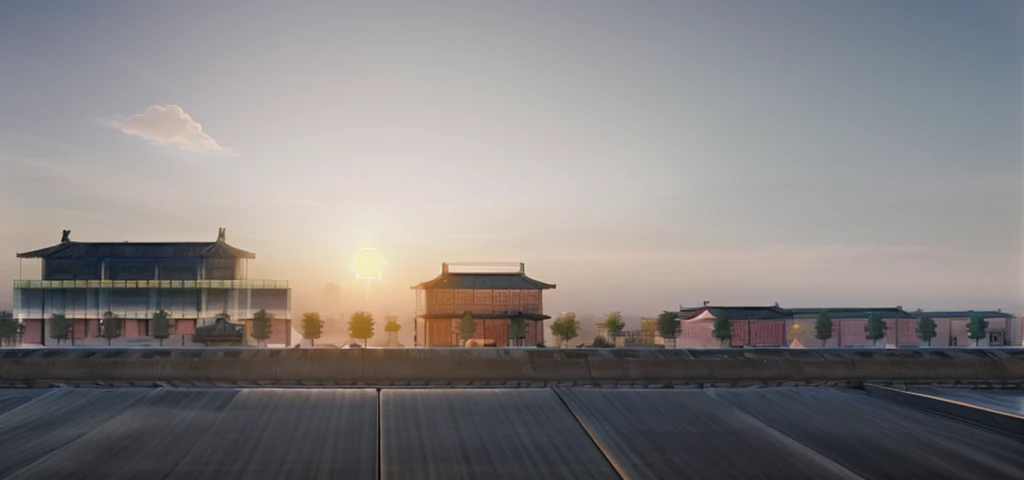 Highest quality,Chinese Ink Painting,antiquity,Urban antiquity architecture,Rectangular architecture,People view,Glass facades,Clean sky,Clean glass,Trees,Soft sunlight,Decorative Arts,Sloped roof,Best quality,Architectural Photography,Photorealism,Hyperrealism,Ultra Detailed,V-ray,(architectural design),There is sunset余晖,There is sunset