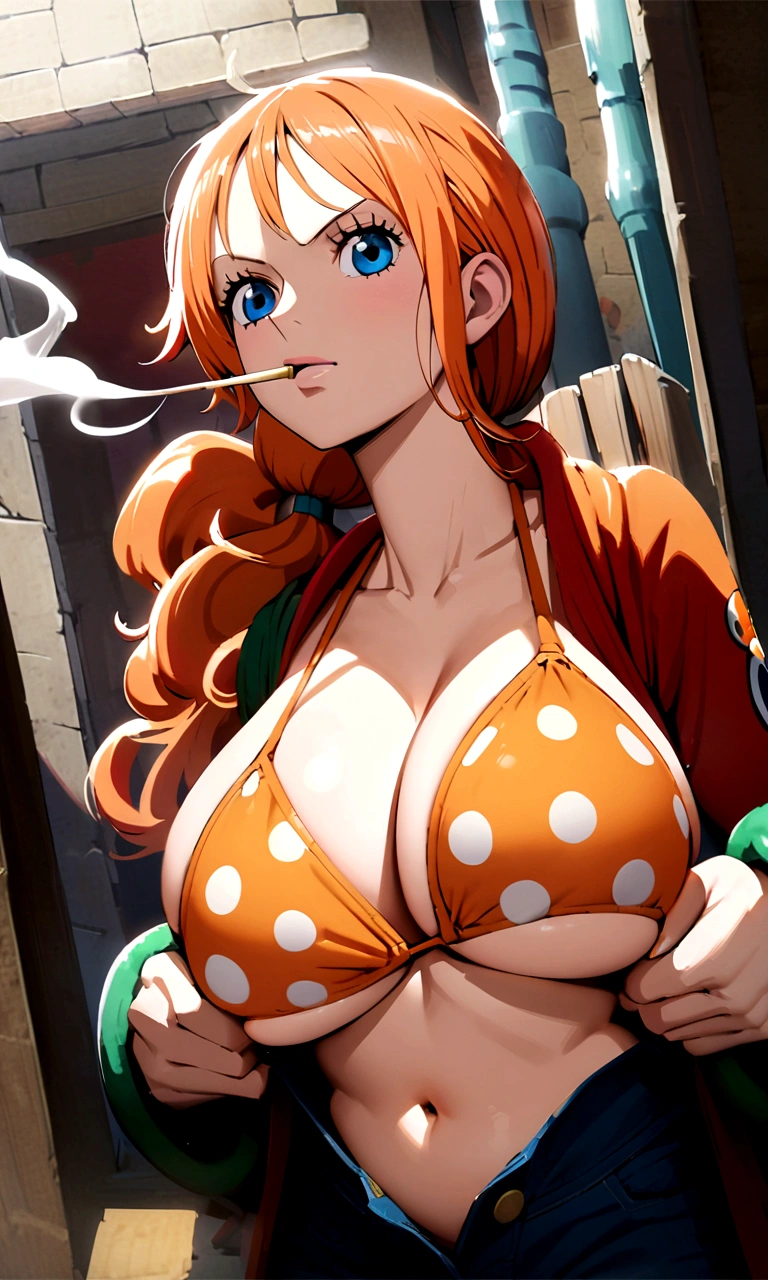 a cartoon picture of a woman in a bikini top and jeans, nami one piece, nami from one piece, nami, beautiful portrait of nami, from one piece, oppai, blue eyes, smoking, ponytail