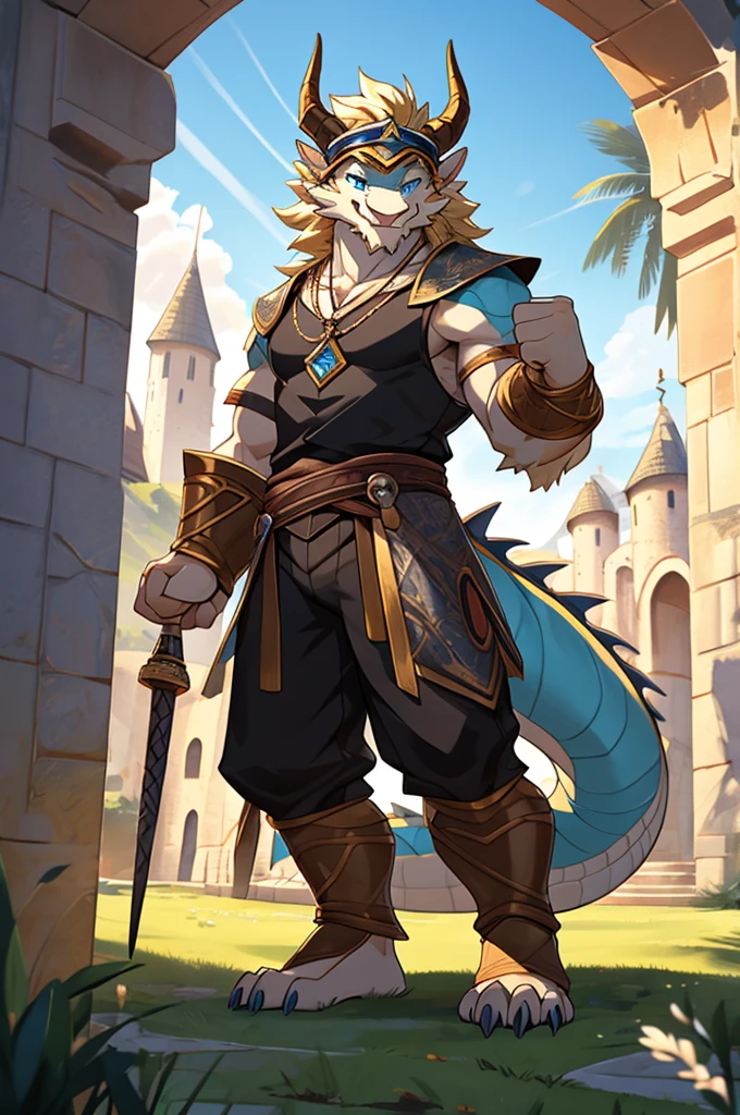 HD,noon,Blue sky,castle,grassland,Single player,Western dragon animal humanoid,hairy,puberty,Cute face,Strong body,Male image,Full body standing,Short hair details,Western faucet,Golden dragon horn,Blonde Facial Hair,White jaw hair,Golden back fur,White belly hair,White mane extends from the top of the head to the tail,Thick and long dragon tail,White hair on the tip of the tail,Golden Arm,Golden paws,Left fist,Lightning is attached to the left fist,The right hand naturally droops,Limbs are dragon claws,4 Gold Fingers,4 golden toes,Pink pads on the palms and soles,,Lift one foot,Exposing the soles of the feet,Look to the left,A happy expression with the tongue sticking out slightly,Blue Eyes ,Pure and lovely eyes,Medieval style costumes,Black top,Black rubber shorts,Silver Sapphire Necklace,Wear goggles on your head,Standing。