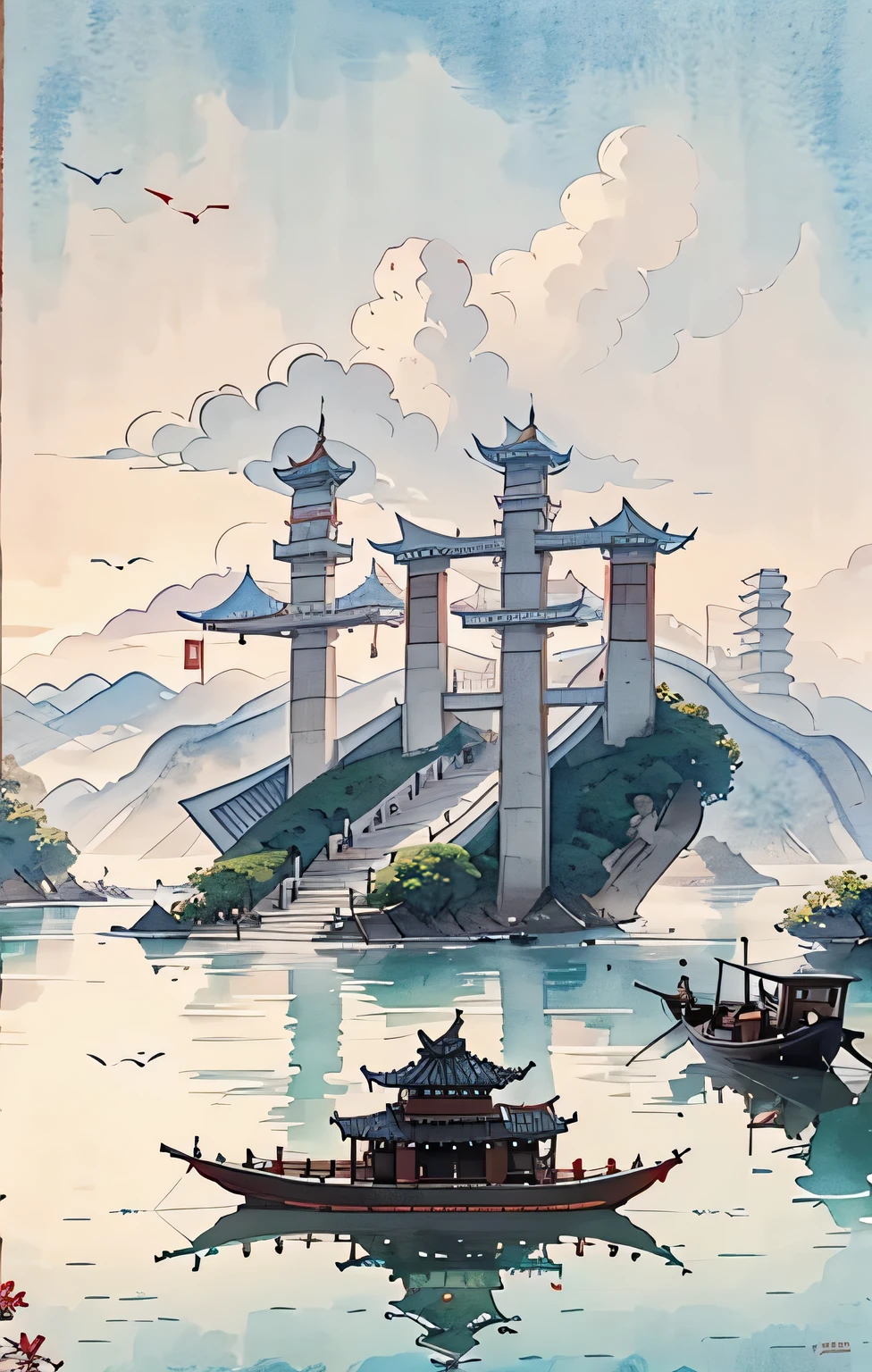 Mountain paintings and pagodas on small islands, Chinese watercolor style, Chinese painting style, Digital painting of a pagoda, Chinese scenery, Traditional Chinese watercolor painting, Chinese painting, Japanese art style, High Detail Watercolor 8K, Highly detailed watercolor 8k, Detailed 4k, author：hero, Japanese painting, author：Qu Leile，Light and Shadow