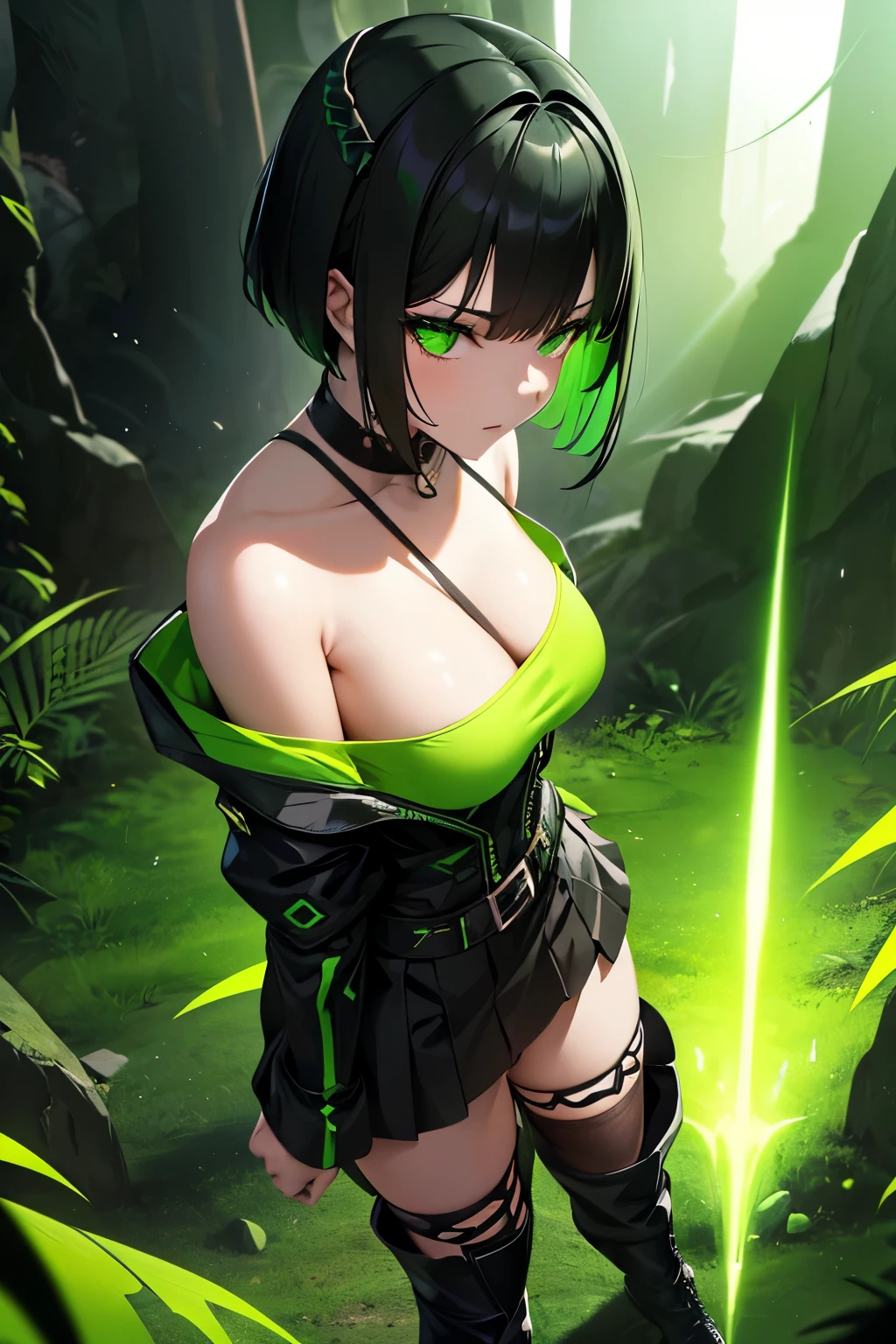 a neko girl with short green and black hair, wearing a black off-shoulder top, a green top underneath, a skirt, and boots, with a toxic green theme, detailed face and eyes, 1girl, intricate details, highly detailed, cinematic lighting, digital art, concept art, vibrant colors, atmospheric, mystical, dark fantasy