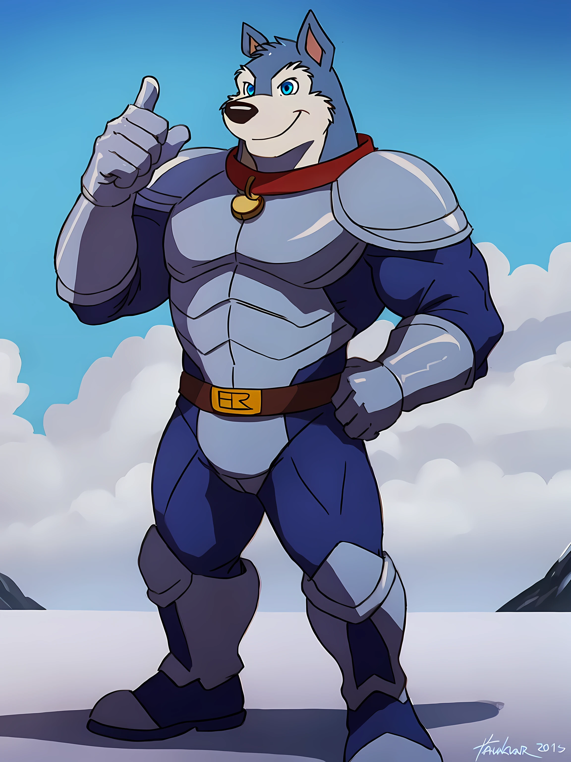 Exile (Road Rovers), blue fur, white fur, anthro, pointy ears, dog, solo, full body, muscular, pectorals, red dog collar, pet tag coin, smile, high quality, best resolution, cel shaded, (blue eyes, detailed eyes):1.1, silver uniform, silver armor, silver gloves, silver boots, red belt, white background, no background, standing, looking at camera, by wfa, by rossciaco, by taran fiddler, pointing