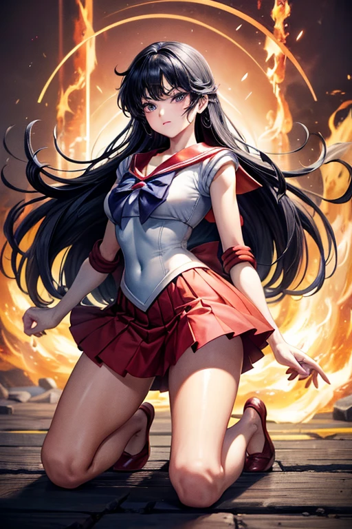 masterpiece, Highest quality, Absurd, Perfect Anatomy, One girl, alone, SM Mars, Very long hair, Parted bangs, Sailor Warrior Uniforms, Red Sailor Collar, Red Skirt, Elbow hand pockets, Cartoon flames in the background, Stylized Background,Get down on one knee、The uniform is cut up、Crippling、Both hands tied with rope、I have a lot of injuries、engulfed in flames