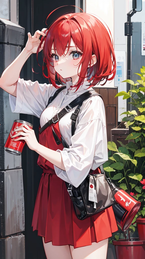 Girl with short reddish red hair holding a can of spray paint