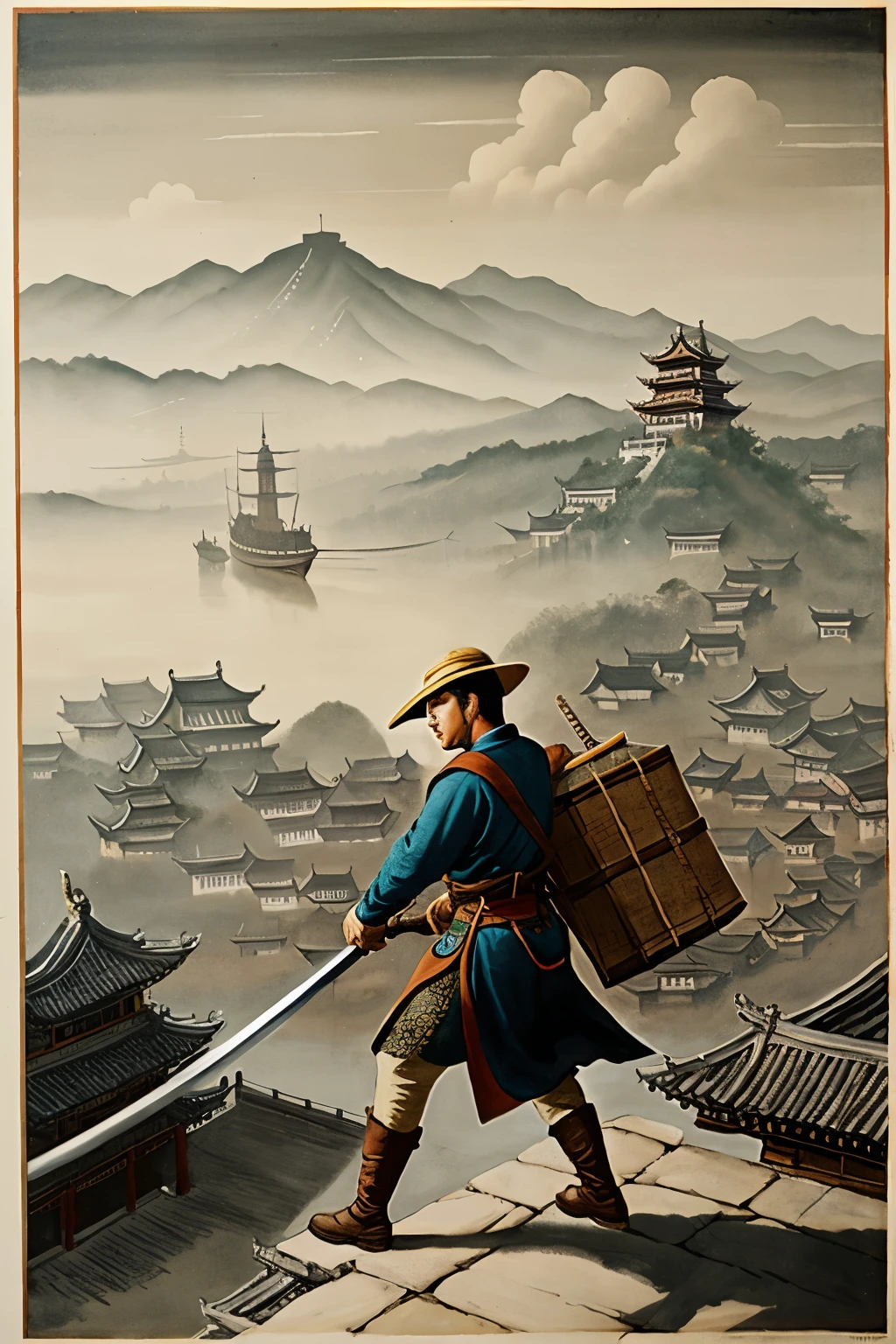 Courier delivering goods,Flying over the city on a sword,Holding goods in hand,Chinese ink painting