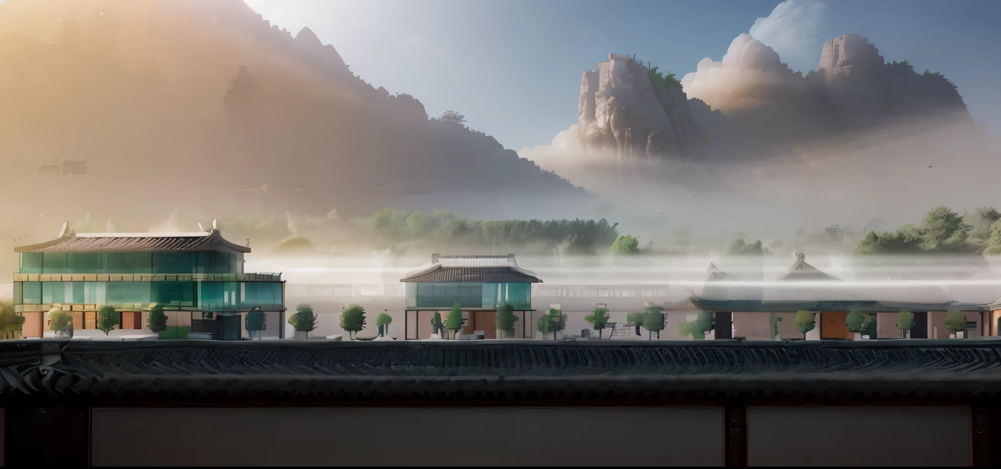 Highest quality,Chinese Ink Painting,antiquity,Urban antiquity architecture,Rectangular architecture,People view,Glass facades,Clean sky,Clean glass,Trees,Soft sunlight,Decorative Arts,Sloped roof,Best quality,Architectural Photography,Photorealism,Hyperrealism,Ultra Detailed,V-ray,(architectural design),There is sunset余晖,There is sunset