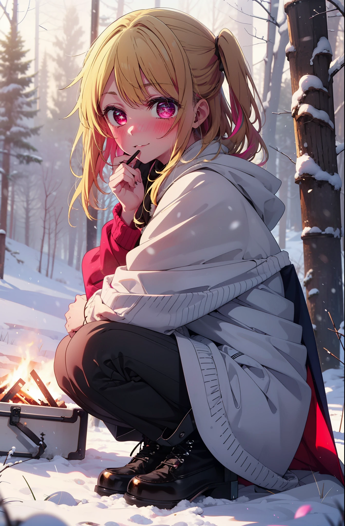 rubyhoshino, Hoshino Ruby, Long Hair, bangs, Blonde, (Pink Eyes:1.3), Side Lock, (Symbol-shaped pupil:1.5), Multicolored Hair, Two-tone hair, smile,,smile,blush,White Breath,
Open your mouth,snow,Ground bonfire, Outdoor, boots, snowing, From the side, wood, suitcase, Cape, Blurred, , forest, White handbag, nature, Squat, Mouth closed, Cape, winter, Written boundary depth, Black shoes, red Cape break looking at viewer, Upper Body, whole body, break Outdoor, forest, nature, break (masterpiece:1.2), Highest quality, High resolution, unity 8k wallpaper, (shape:0.8), (Beautiful and beautiful eyes:1.6), Highly detailed face, Perfect lighting, Highly detailed CG, (Perfect hands, Perfect Anatomy),