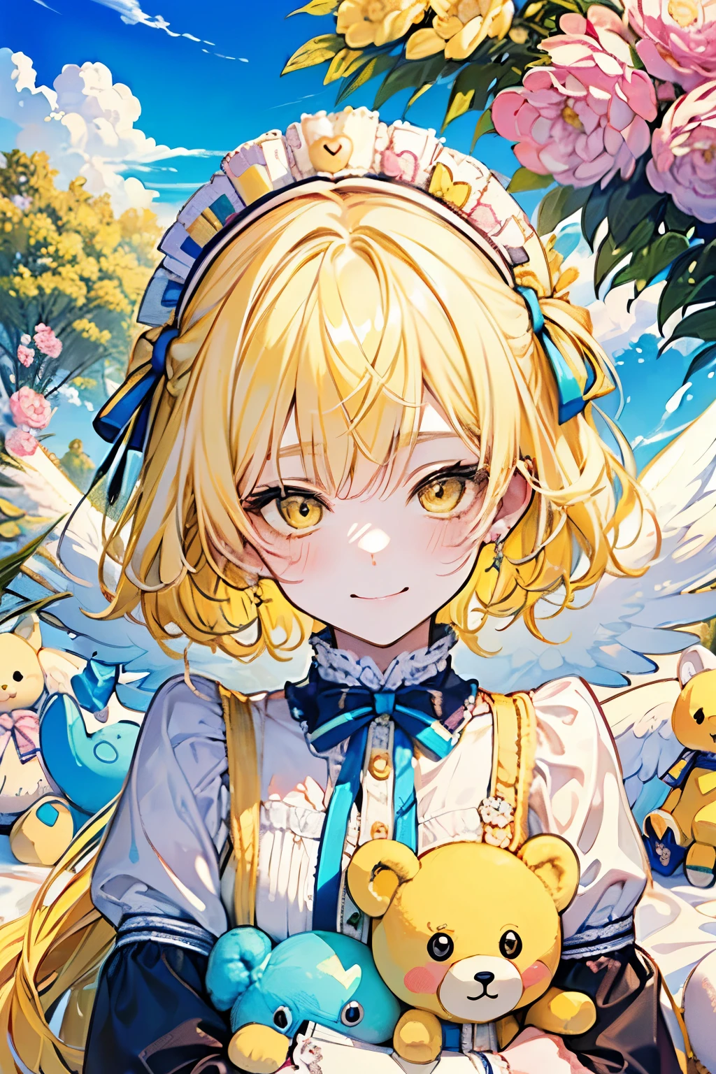 ((cute,kawaii,wonderland:1.2)),((pastel color:1.1)),(Shiny yellow hair:1.4),(blush,A cute smile in full view:1.2),(Angel:1.3),((Cute assortment:1.3)),((Lots of stuffed animals and toys:1.1)),((Cloud Bed:1.2)),(NSFW:1.25)