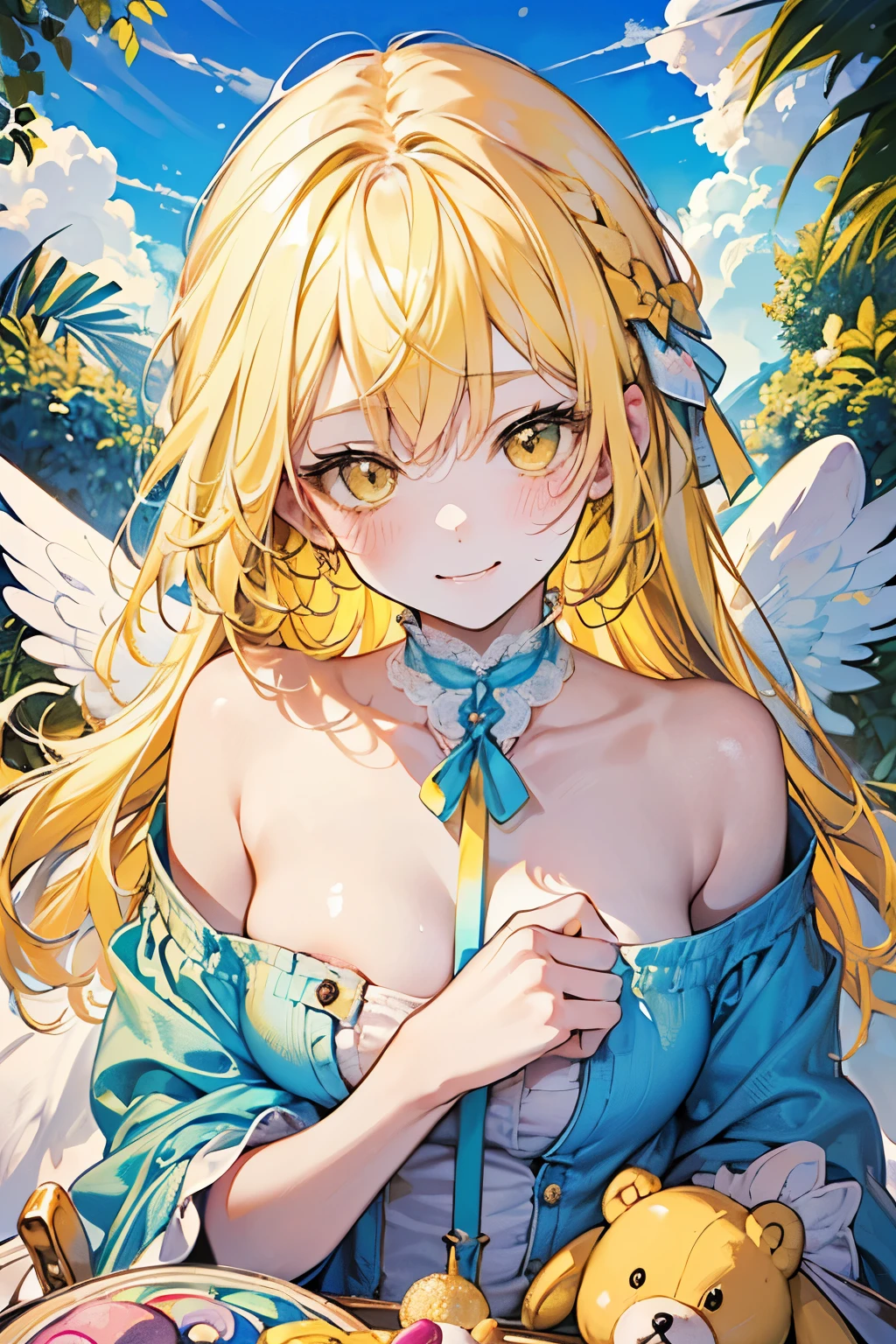 ((cute,kawaii,wonderland:1.2)),((pastel color:1.1)),(Shiny yellow hair:1.4),(blush,A cute smile in full view:1.2),(Angel:1.3),((Cute assortment:1.3)),((Lots of stuffed animals and toys:1.1)),((Cloud Bed:1.2)),(NSFW:1.25)