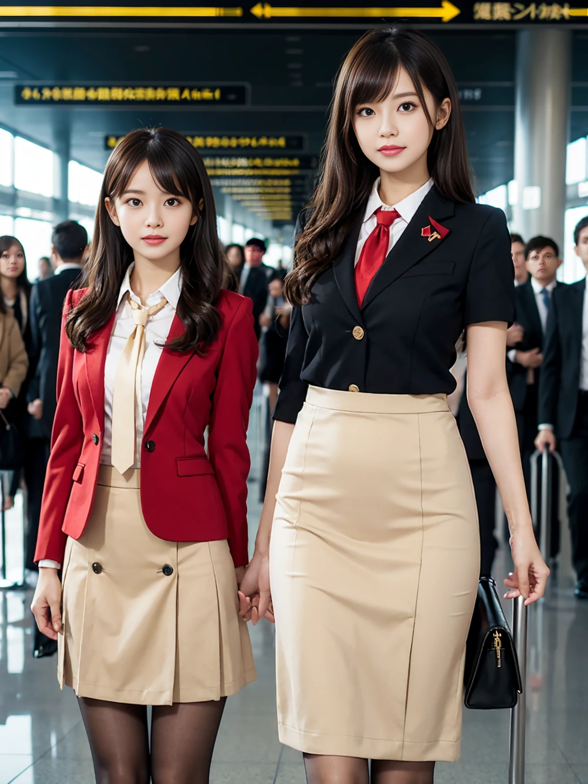 {{Mature Solo Woman, White people}}, View your viewers, Hazel Eyes, Very detailed, Medium chest, Brown Hair, airport, flight attendant, uniform, A nice red blazer, Red nice tie, Beige Skirt, Midi Skirt, Pencil Skirt,Matte black pantyhose、 Red nice high heels, Happy, 最high quality, high quality, Very detailed anime screencap, {{{{Crowded, One girl, Matching outfits, Hairstyles up}}}