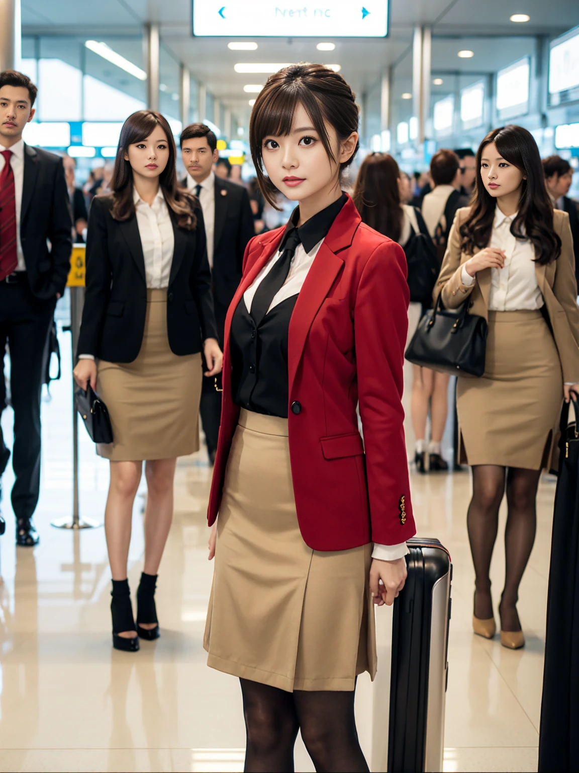 {{Mature Solo Woman, White people}}, View your viewers, Hazel Eyes, Very detailed, Medium chest, Brown Hair, airport, flight attendant, uniform, A nice red blazer, Red nice tie, Beige Skirt, Midi Skirt, Pencil Skirt,Matte black pantyhose、 Red nice high heels, Happy, 最high quality, high quality, Very detailed anime screencap, {{{{Crowded, One girl, Matching outfits, Hairstyles up}}}